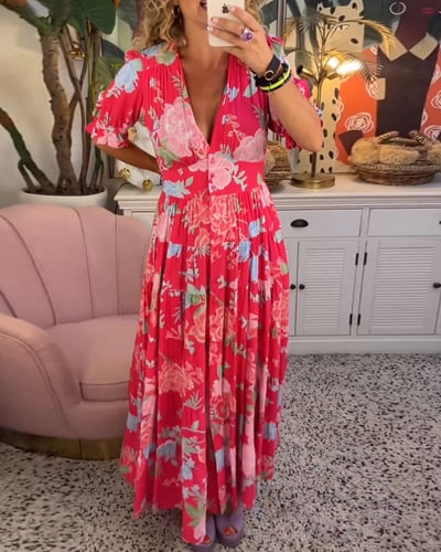 Isabeau - Bequemes langes Kleid mit V-Ausschnitt und Taschen