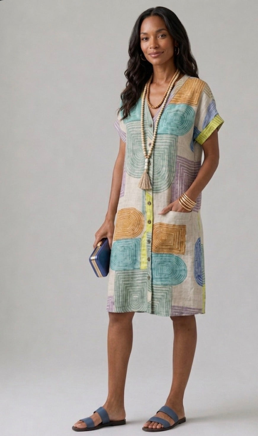 Fenella | V-Ausschnitt Kurzarm Kleid in Knielänge