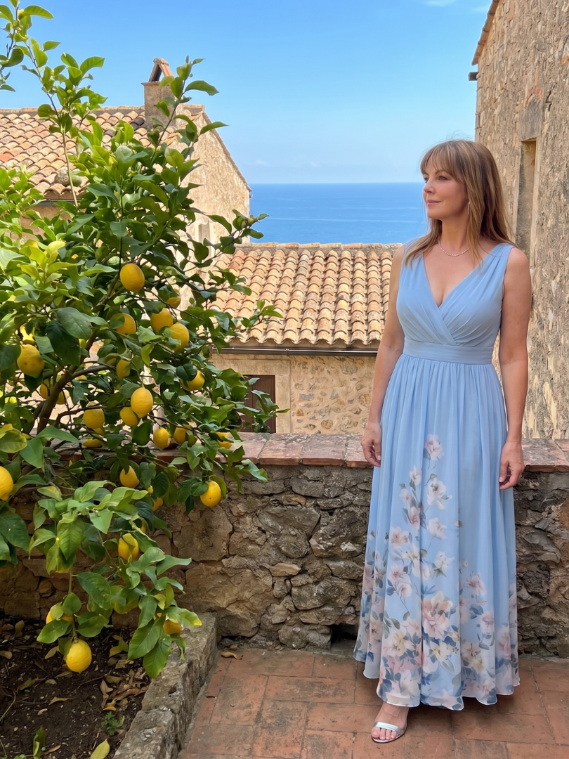 Clarissa | Ärmelloses V-Ausschnitt Midi-Kleid mit weichem floralem Saum