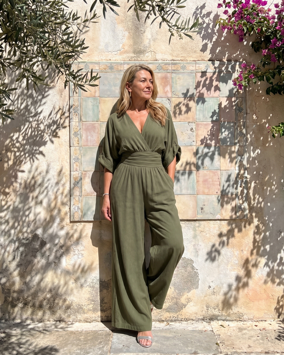 Emene | Drapierter V-Ausschnitt weiter Beinschnitt entspannter Jumpsuit