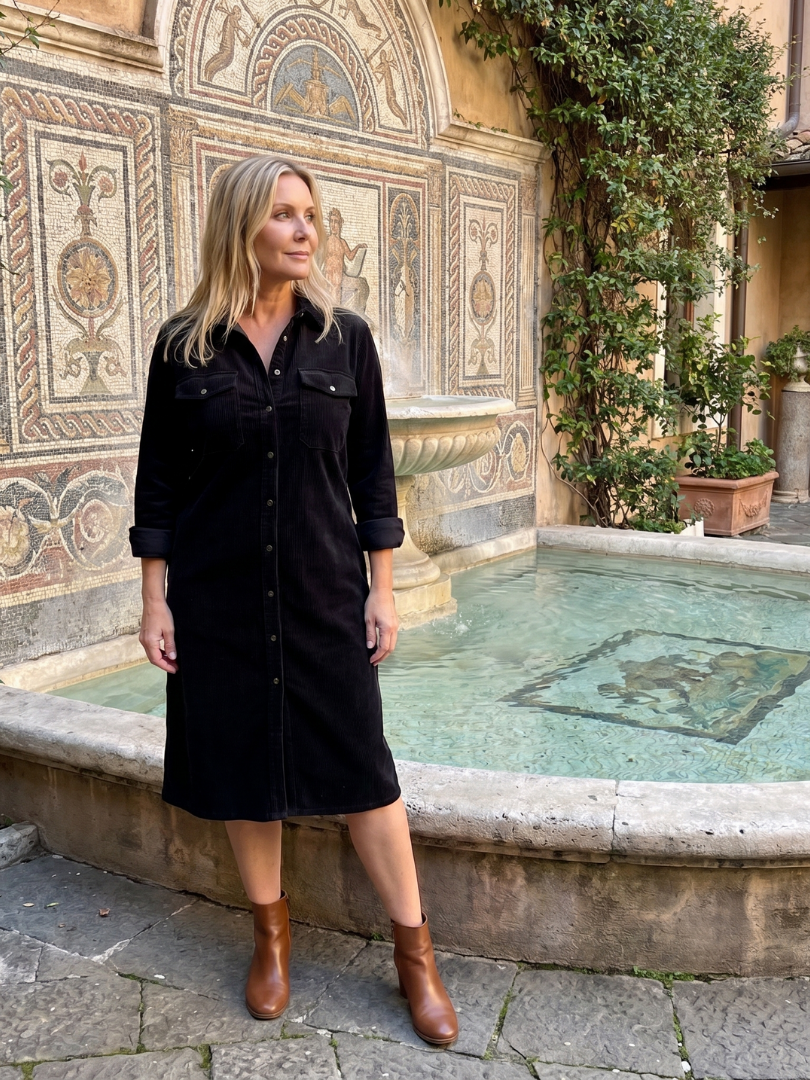 Pema | Midi-Kleid mit langen Ärmeln und aufgesetzten Taschen