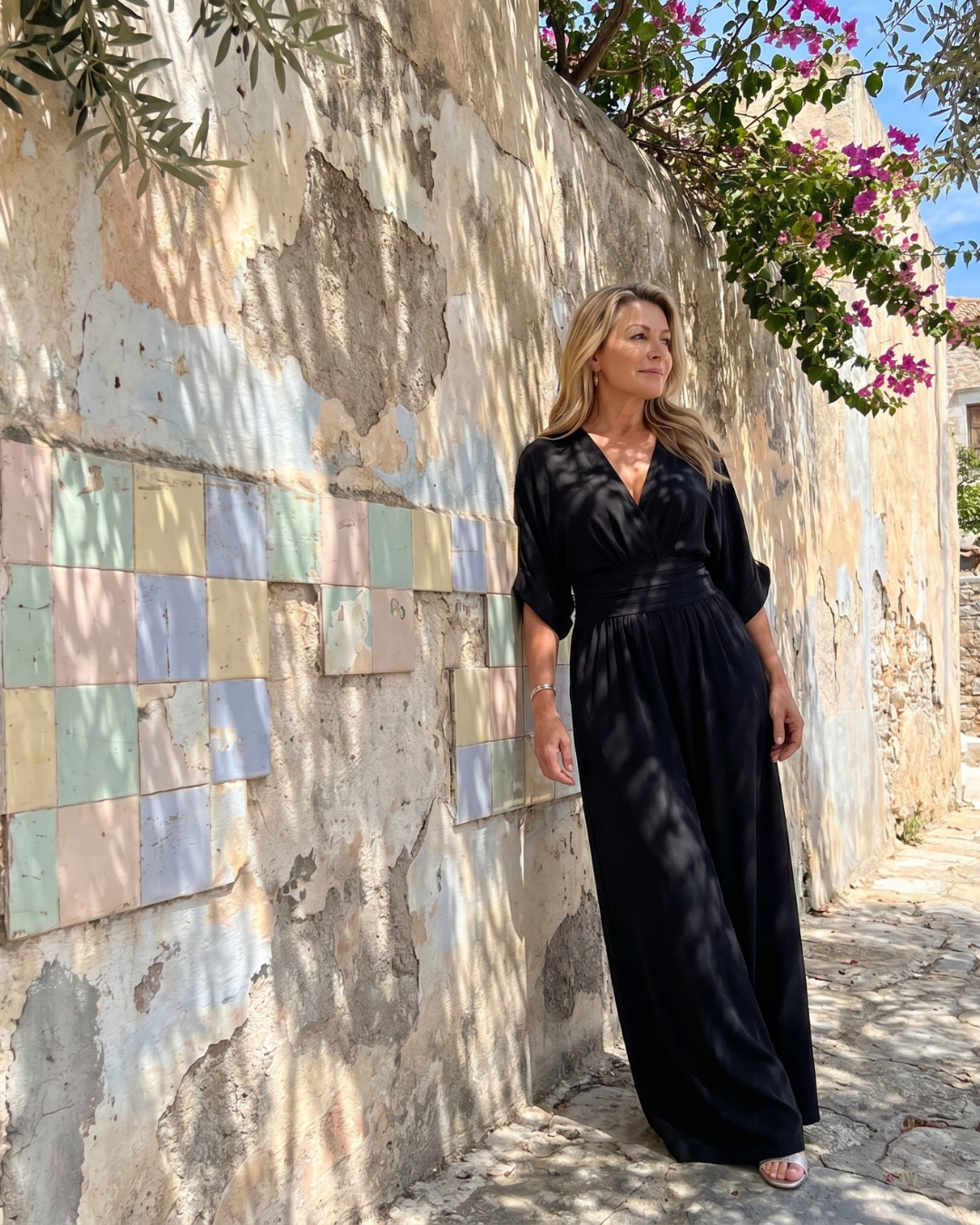 Emene | Drapierter V-Ausschnitt weiter Beinschnitt entspannter Jumpsuit
