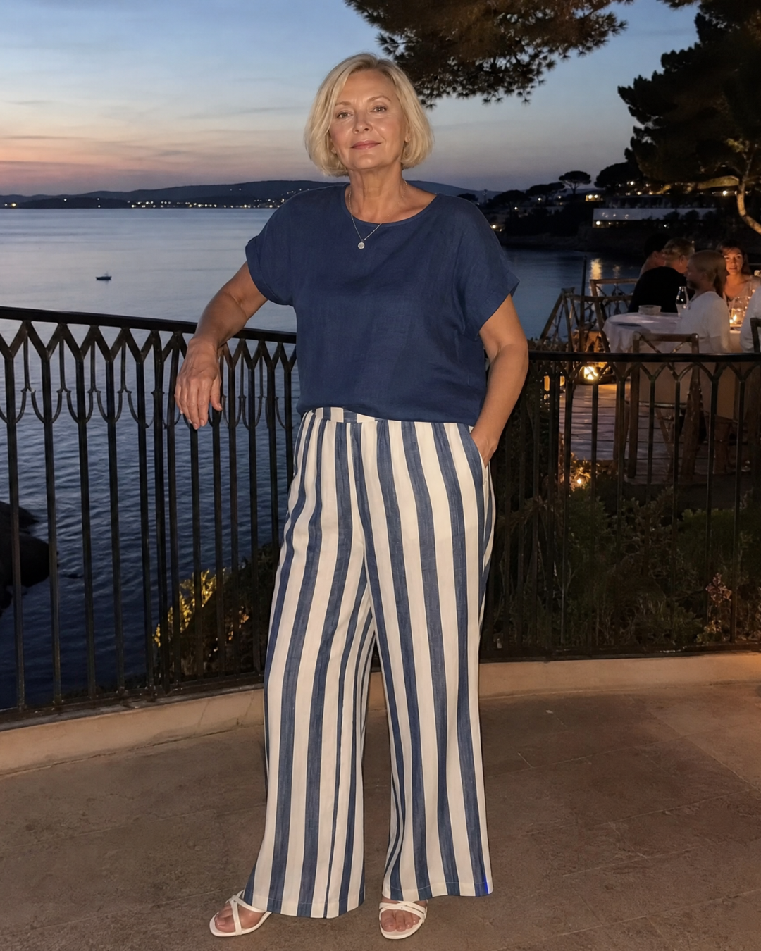 Miolna | Leinenmischung Top und gestreifte weite Hose Set