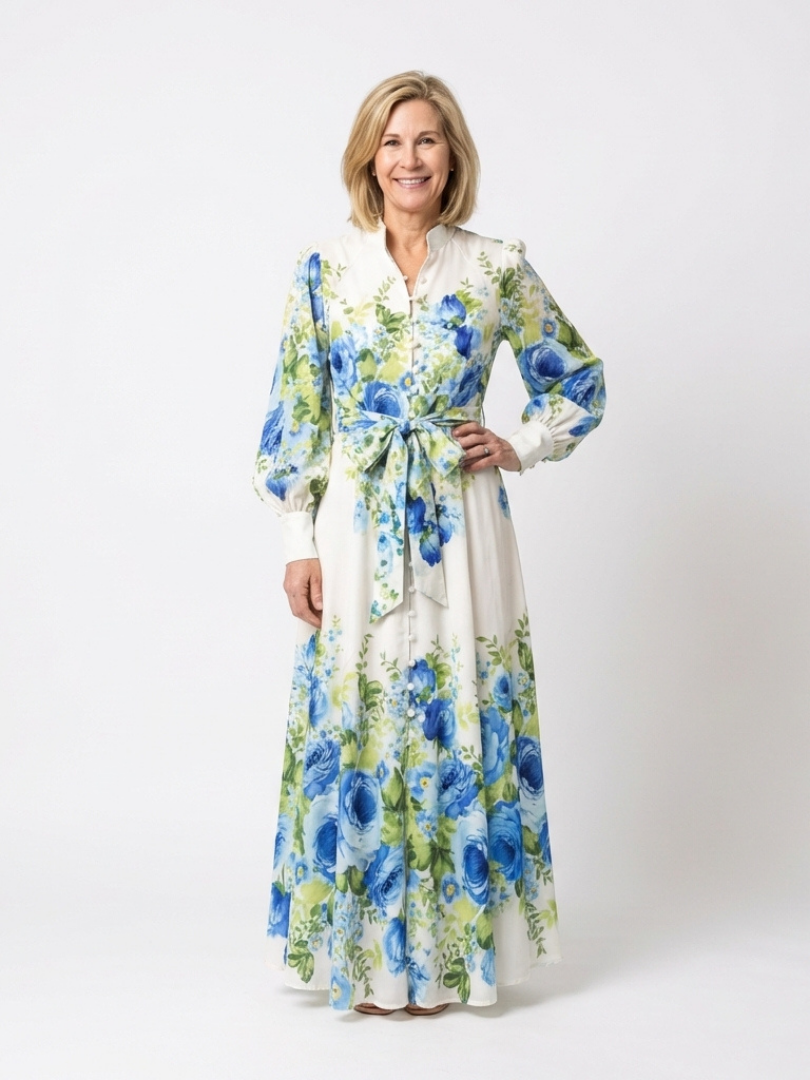 Harper | Langärmliges, blumenbedrucktes Maxikleid mit Knopfleiste