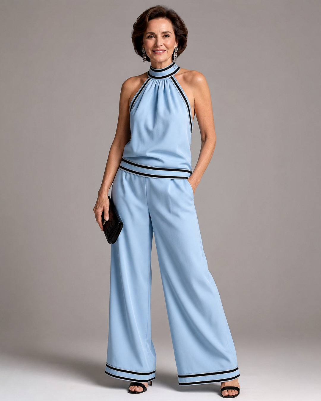 Zephyrine | Kontrastbesatz Halterneck Weite Bein Jumpsuit