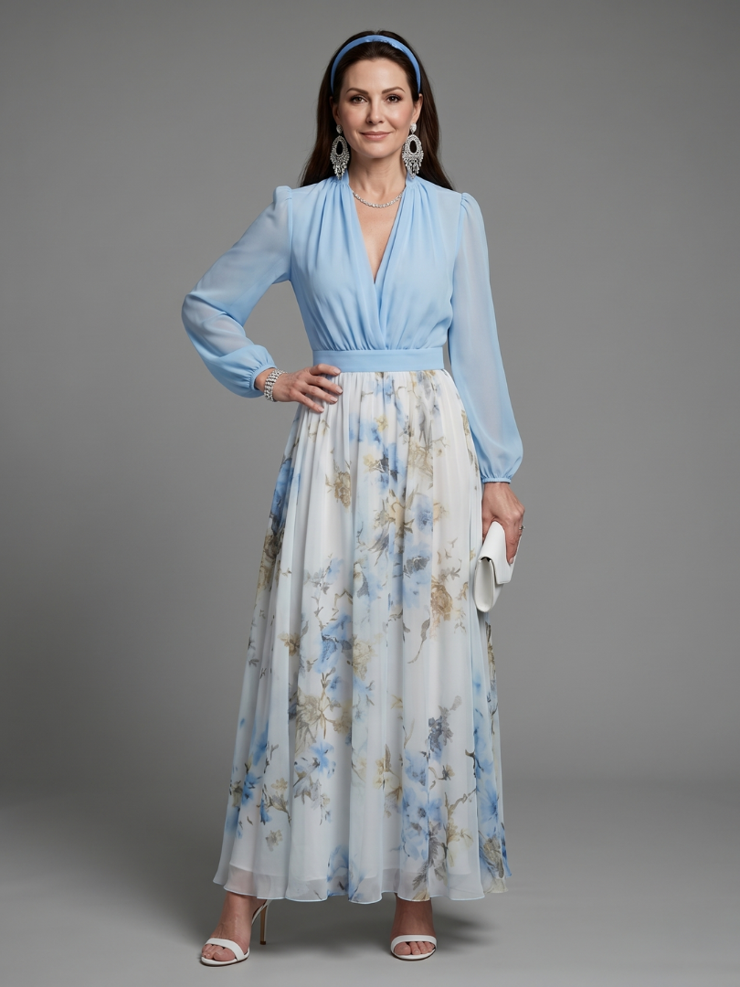 Augusta | V-Ausschnitt Transparente Oberteil Blumen Maxi Kleid