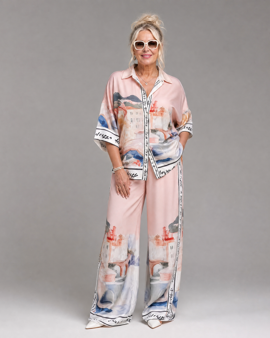 Akela | Szenischer Druck Knopf-Front Hemd und Weitbeinige Hose Set