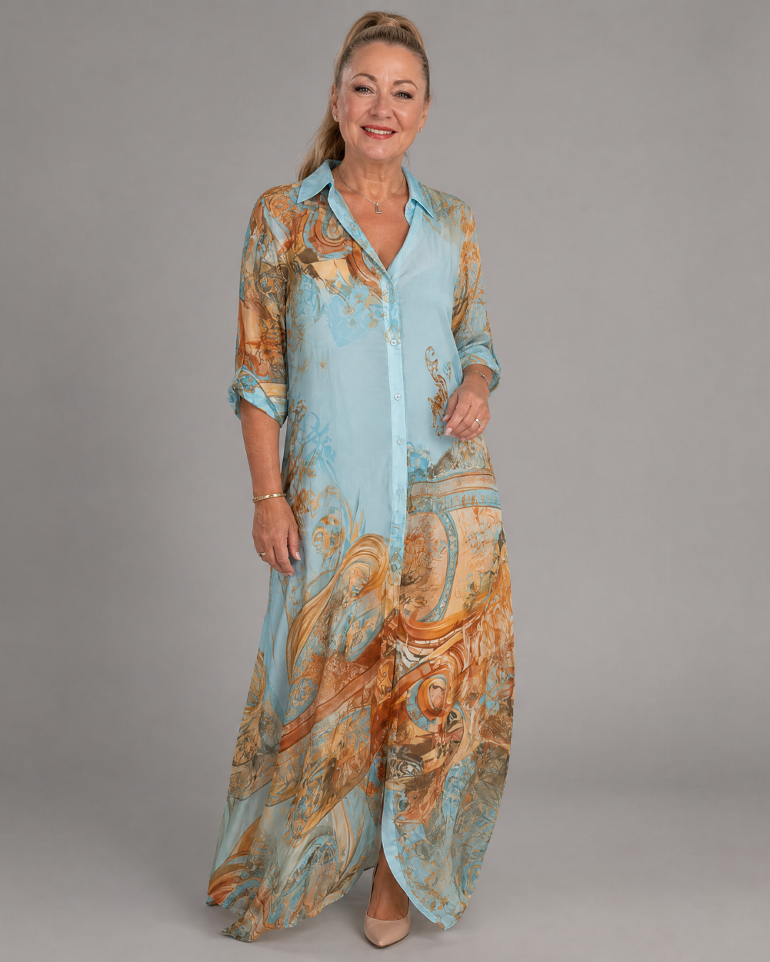 Azmira | Barockdruck Knopf-Front Fließendes Maxikleid