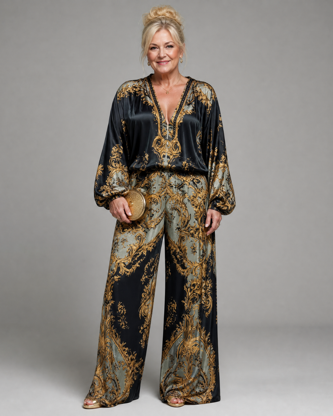 Valoria | Barockdruck Bluse und Weite Hose Set