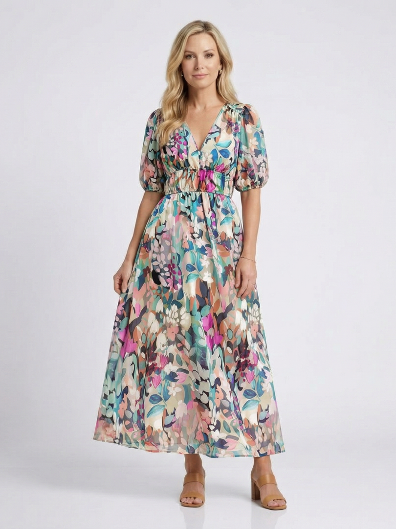 Eulalie | V-Ausschnitt Kurzarm Geraffter Taillen Midi-Kleid
