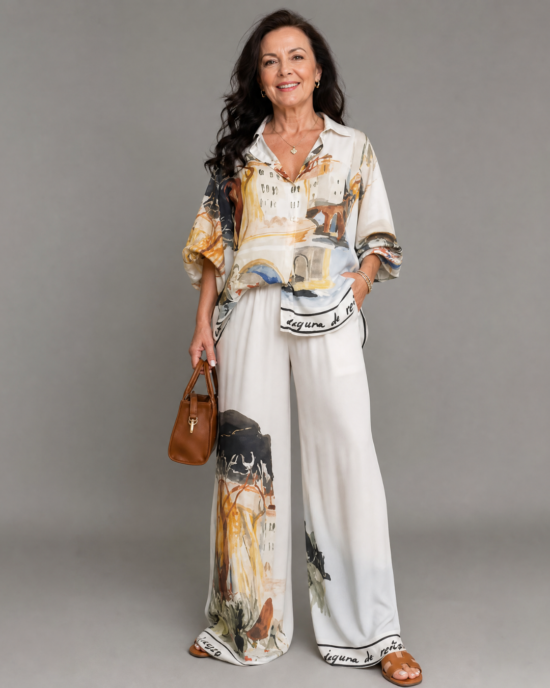 Calyra | Künstlerisches Print-Blusen- und Weitbein-Hosen-Set