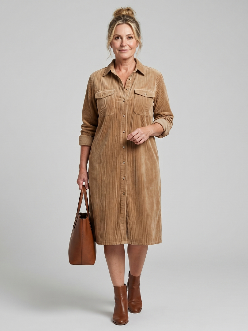 Pema | Midi-Kleid mit langen Ärmeln und aufgesetzten Taschen