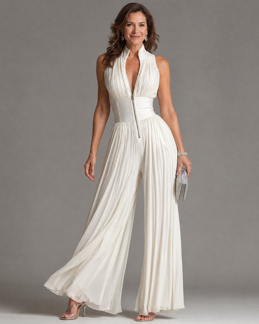 Zakira | Plissierter Halterhals Weitbein Jumpsuit