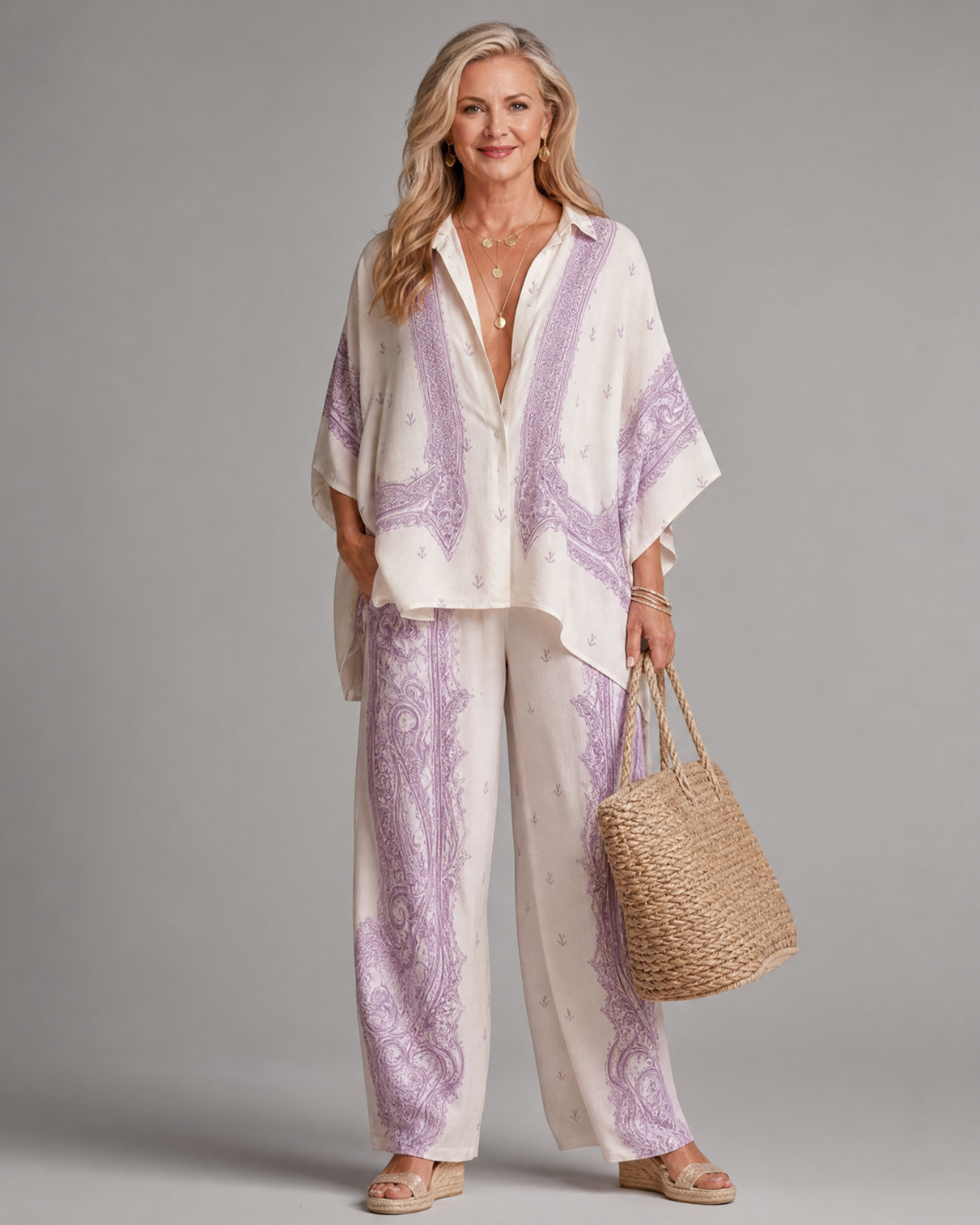 Sodaya | Weiches Print Oversized Hemd und weite Hose Set