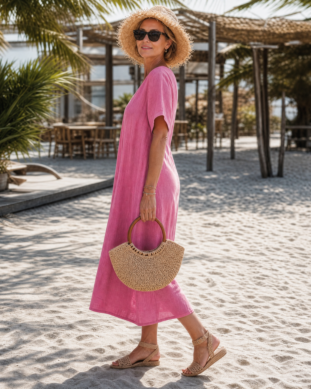 Thamal | Gewaschenes Baumwollmischung V-Ausschnitt Relaxed Midi Kleid