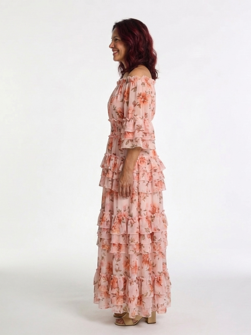 Rosalie | Off-Shoulder Blumenrüsch Tiered Maxikleid