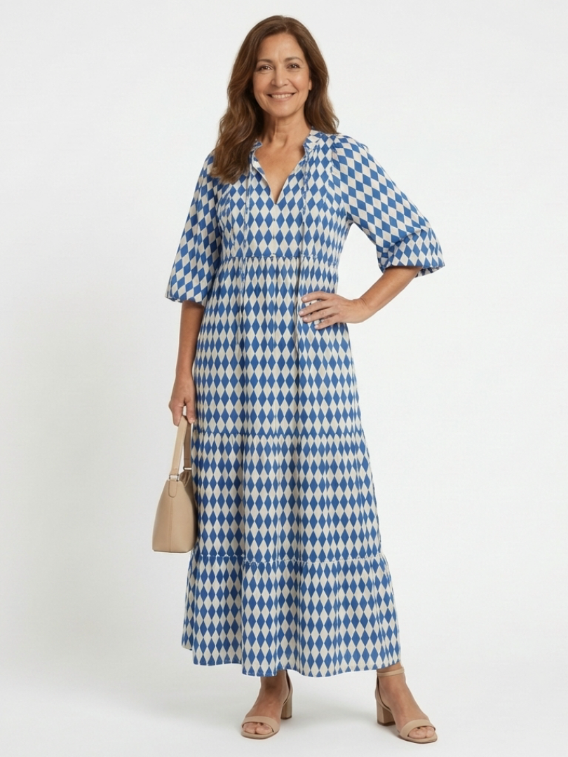 Elodie | Diamantmuster Stufen Midi Kleid