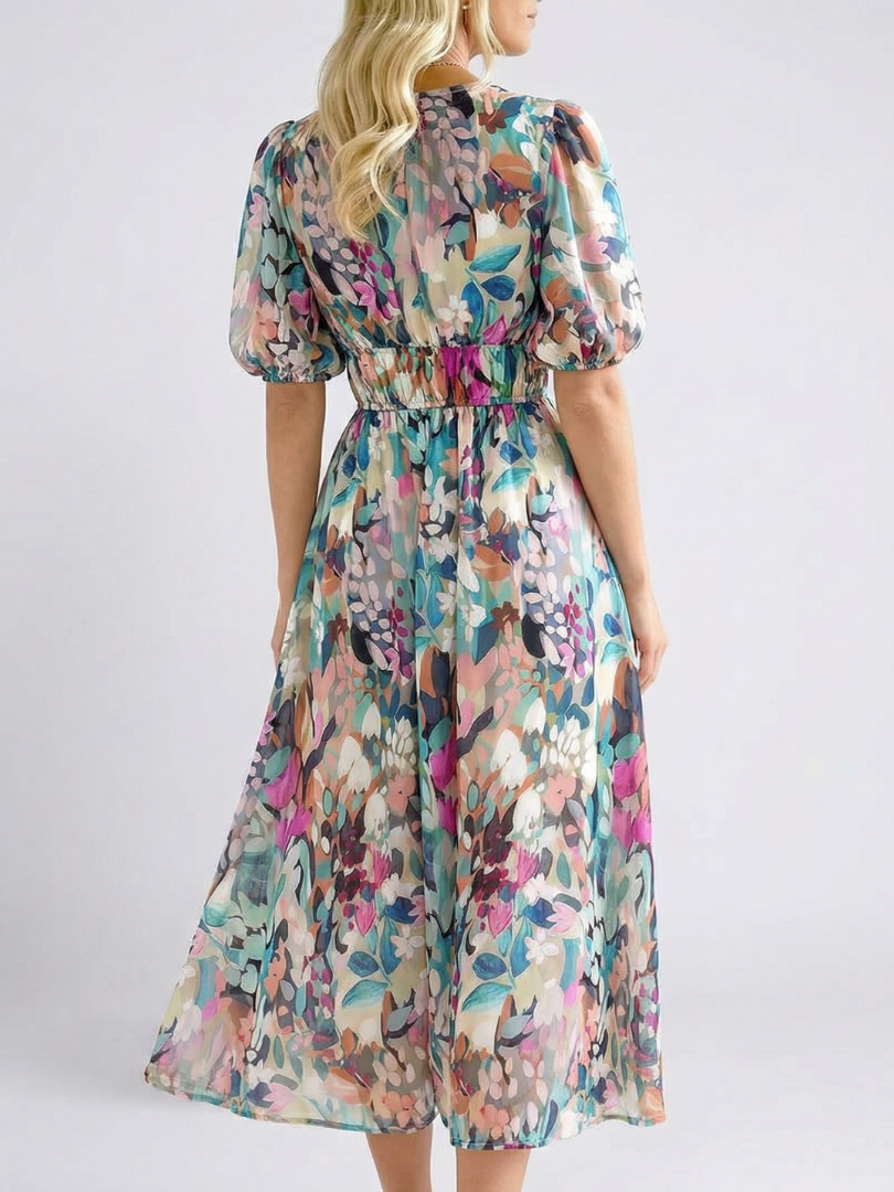Eulalie | V-Ausschnitt Kurzarm Geraffter Taillen Midi-Kleid