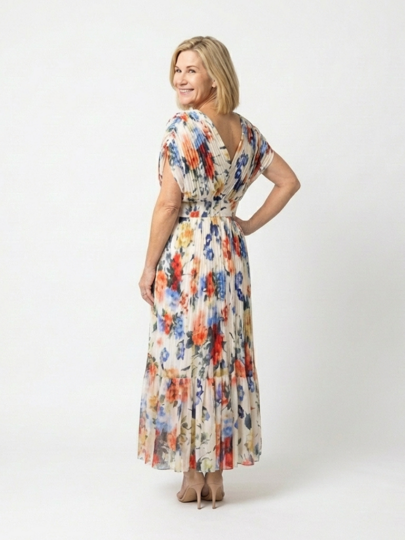 Savannah | Kurzärmliges, gefälteltes, florales Midikleid