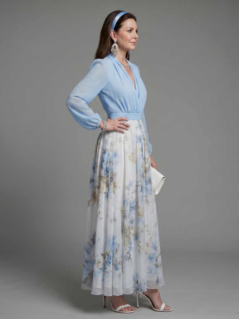 Augusta | V-Ausschnitt Transparente Oberteil Blumen Maxi Kleid