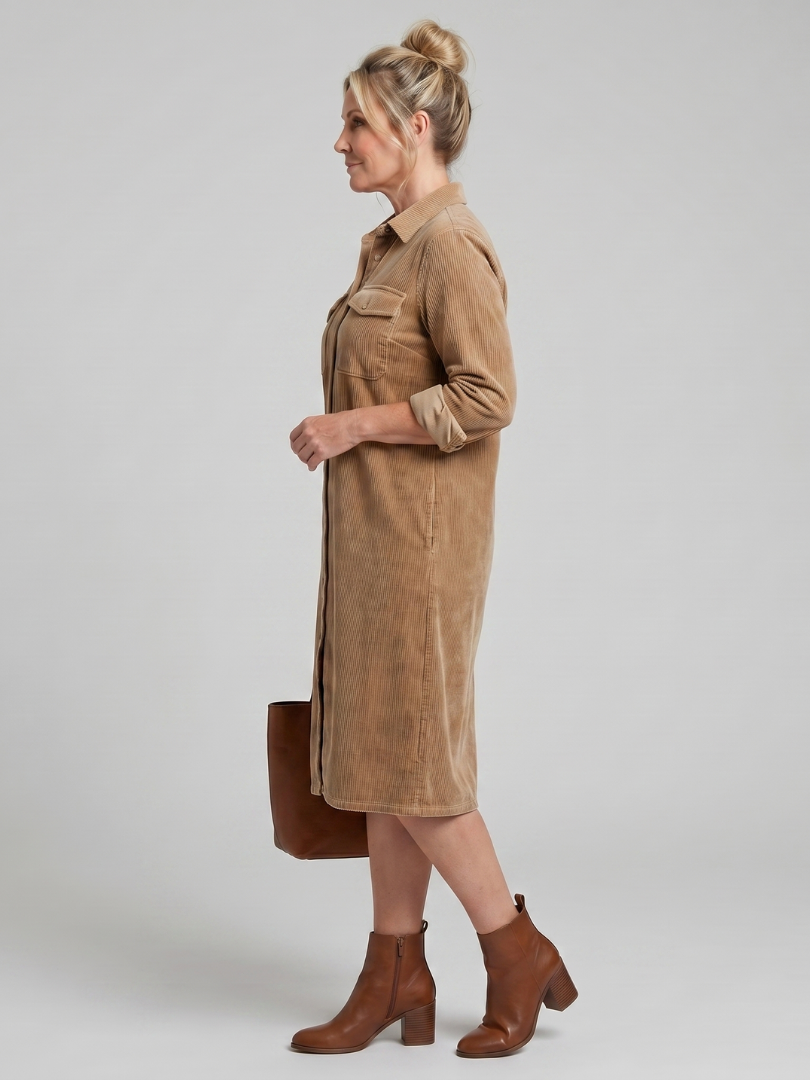 Pema | Midi-Kleid mit langen Ärmeln und aufgesetzten Taschen