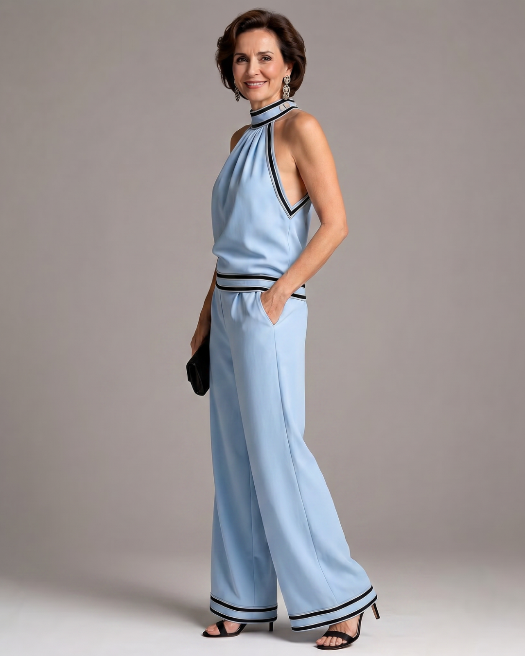 Zephyrine | Kontrastbesatz Halterneck Weite Bein Jumpsuit