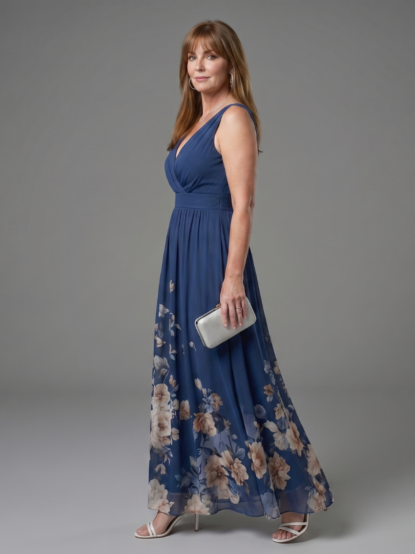 Clarissa | Ärmelloses V-Ausschnitt Midi-Kleid mit weichem floralem Saum