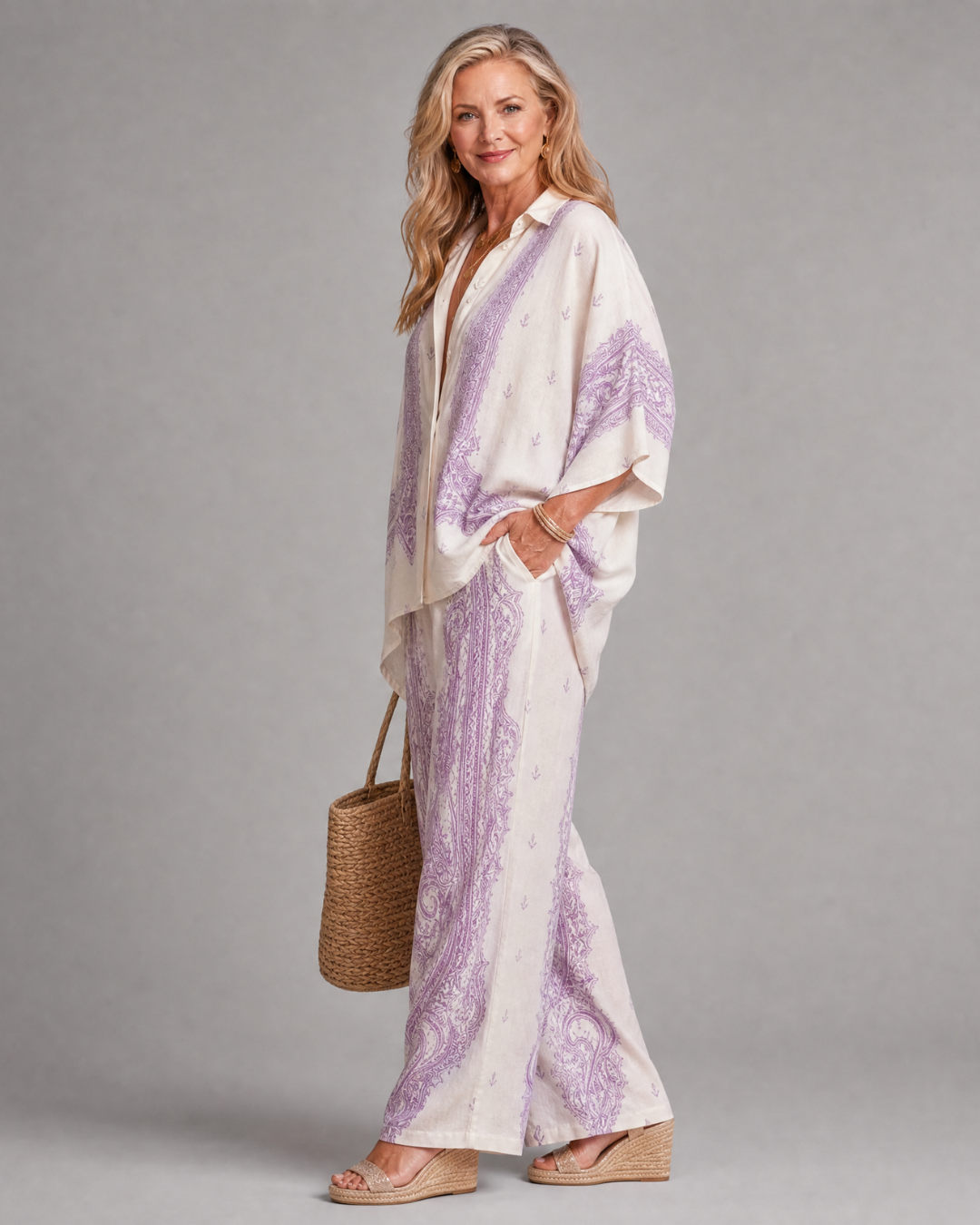 Sodaya | Weiches Print Oversized Hemd und weite Hose Set
