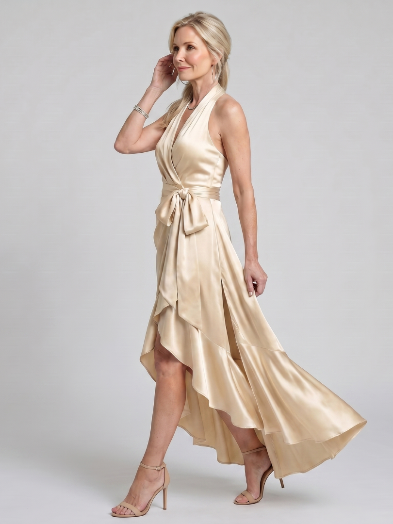Honora | Halterneck Wickelkleid mit asymmetrischem Saum