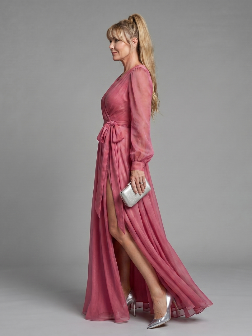 Meredith | Langärmliges, transparentes, fließendes Maxikleid