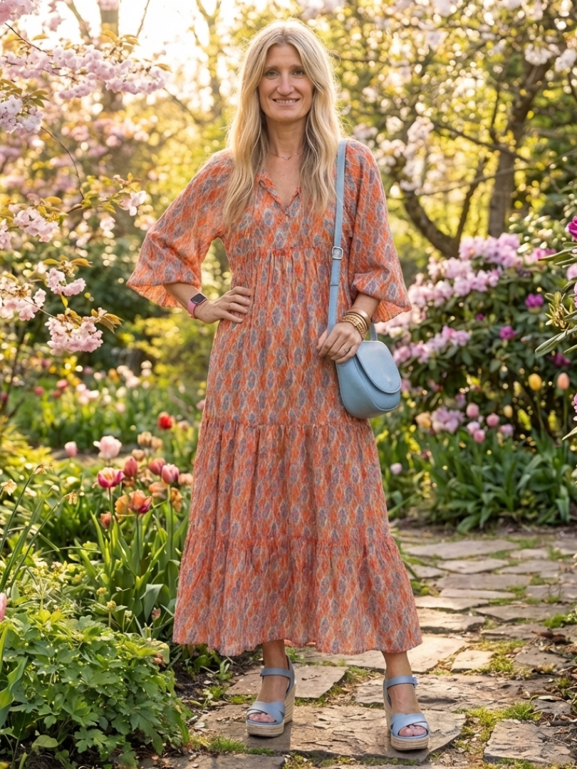 Amara | Geometrisches Druck V-Ausschnitt Midi Kleid