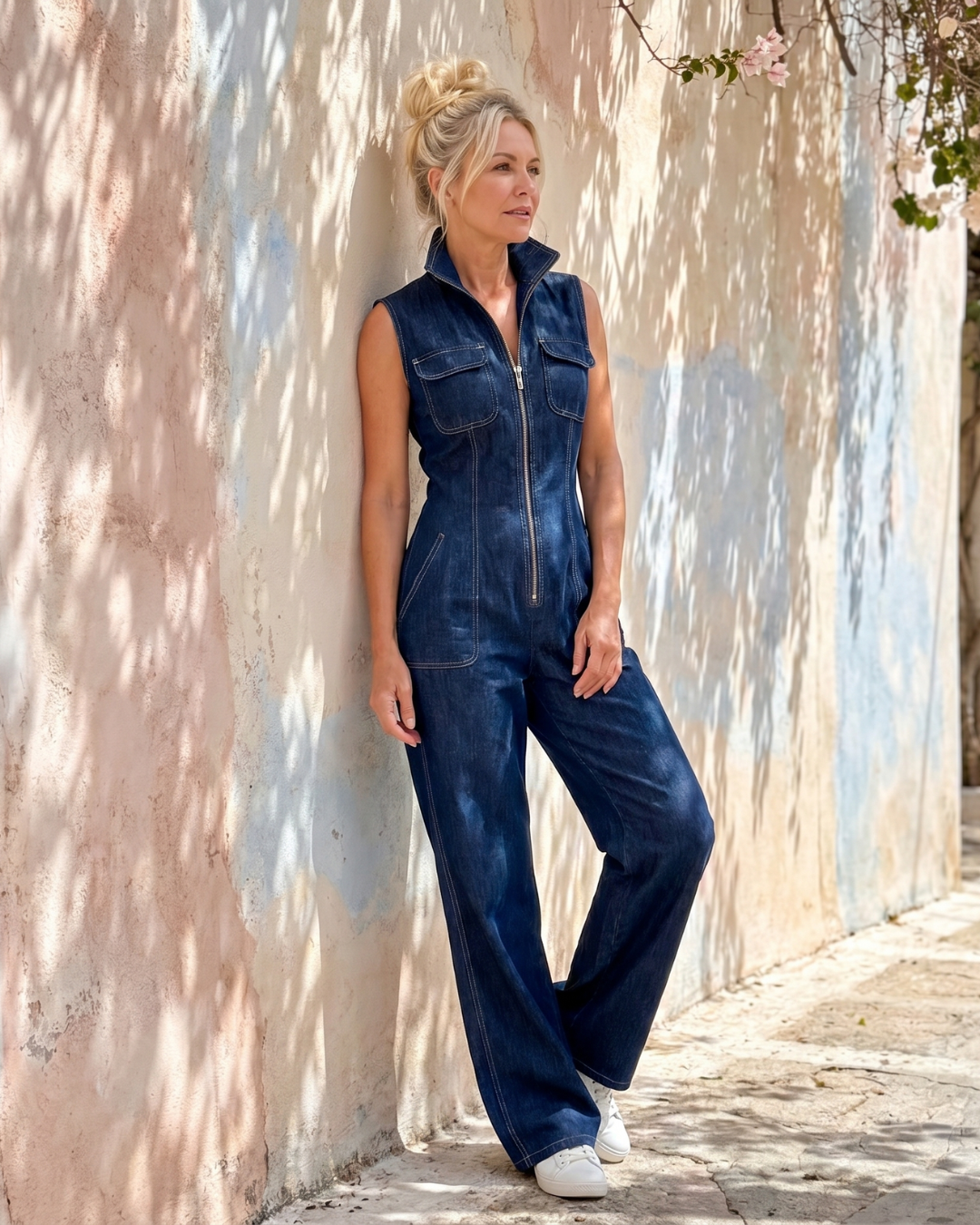 Samantha | Reißverschluss-Front Ärmelloses Denim Weitbein Jumpsuit