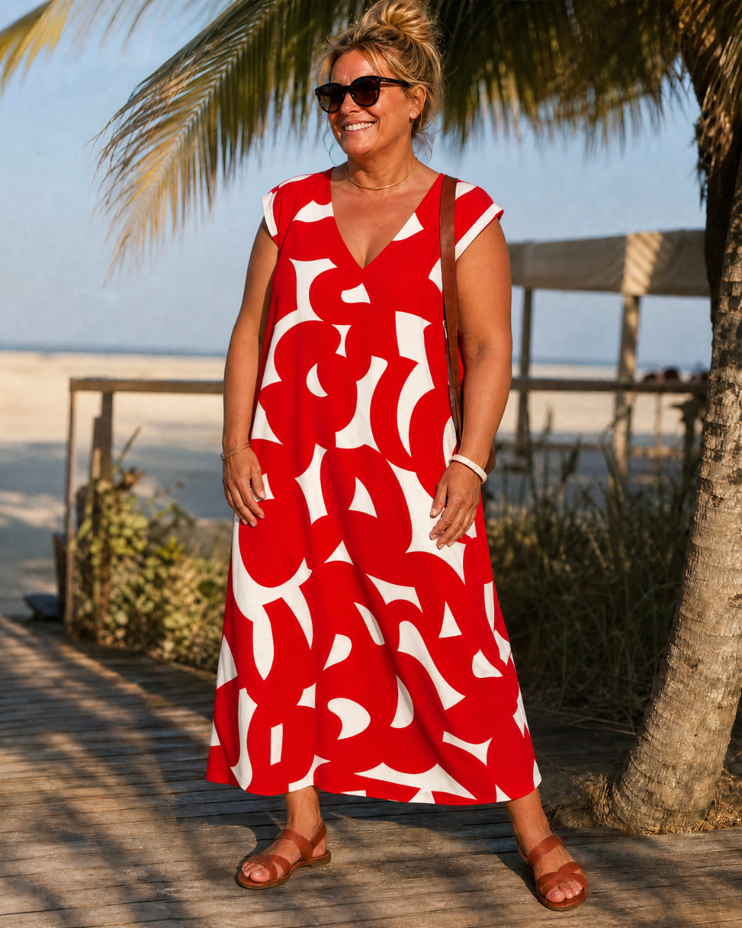 Verain | Abstraktes Print V-Ausschnitt Fließendes Midi-Kleid
