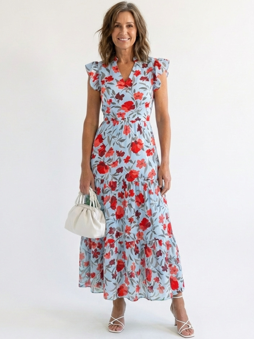 Lila | Florales V-Ausschnitt Stufen-Midi-Kleid