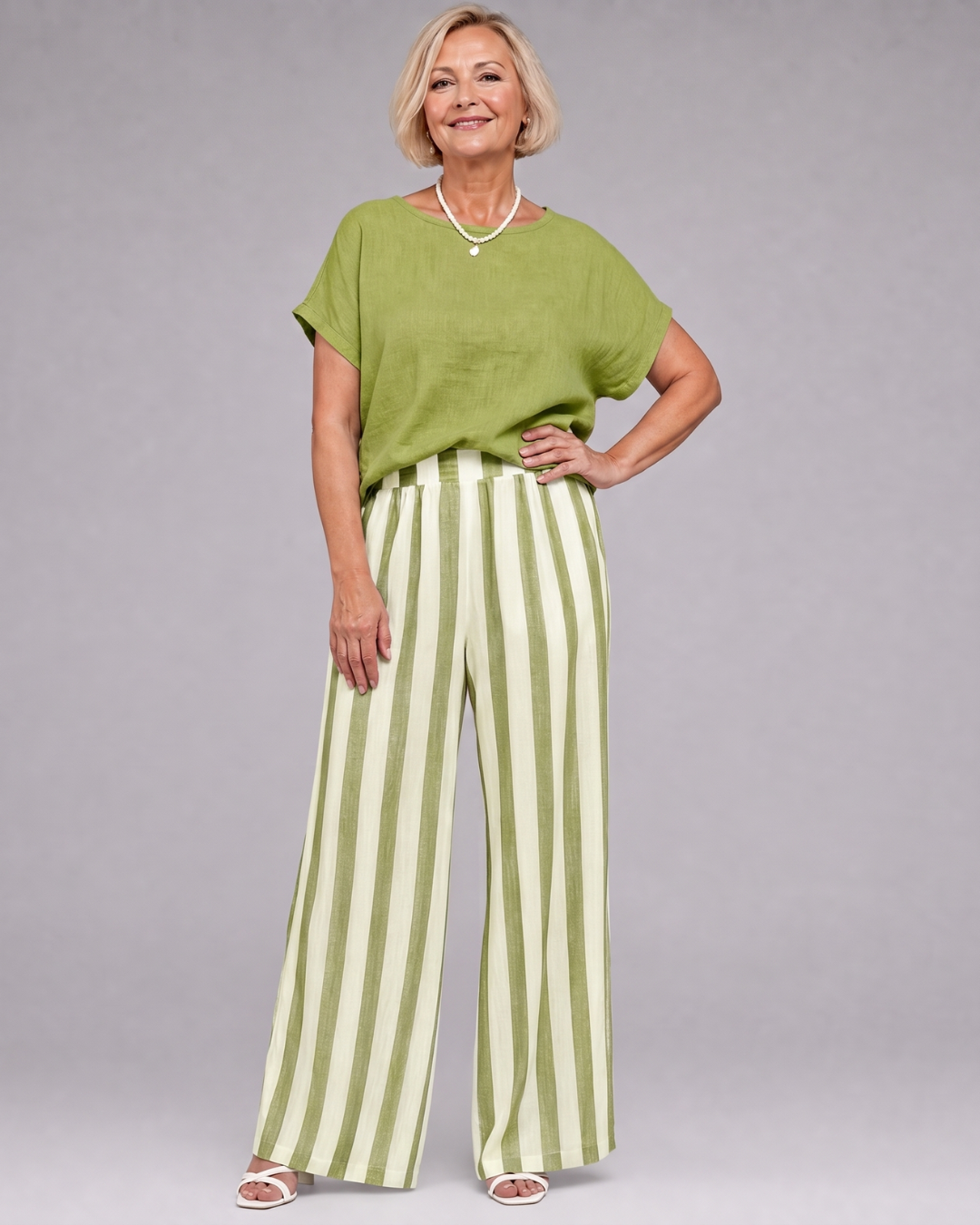 Miolna | Leinenmischung Top und gestreifte weite Hose Set