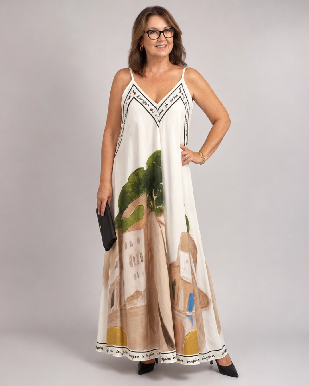 Lira | Scenic Print Ärmelloses Fließendes Midi-Kleid