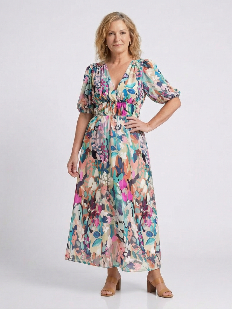 Eulalie | V-Ausschnitt Kurzarm Geraffter Taillen Midi-Kleid