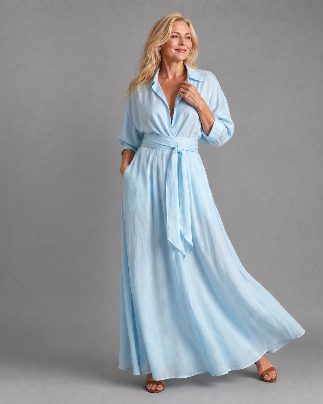 Zelith | Gürteltes, mit Kragen versehenes, fließendes Midi-Kleid mit langen Ärmeln