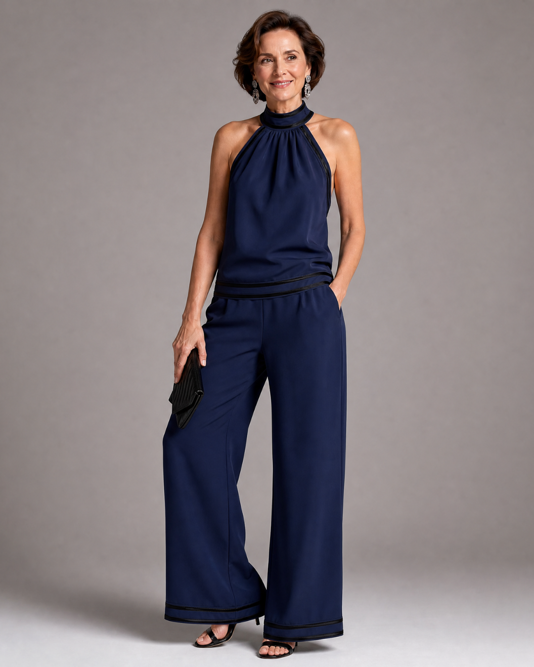 Zephyrine | Kontrastbesatz Halterneck Weite Bein Jumpsuit