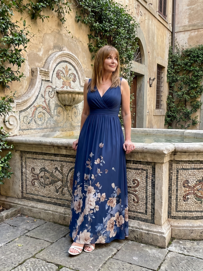 Clarissa | Ärmelloses V-Ausschnitt Midi-Kleid mit weichem floralem Saum