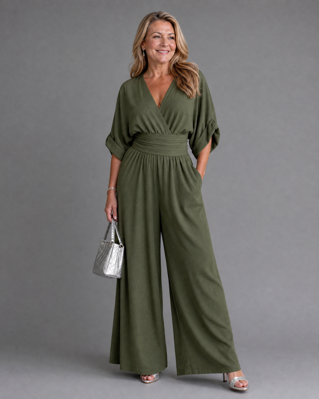Emene | Drapierter V-Ausschnitt weiter Beinschnitt entspannter Jumpsuit