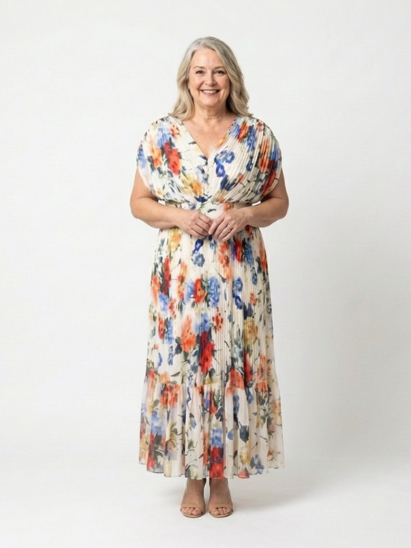 Savannah | Kurzärmliges, gefälteltes, florales Midikleid