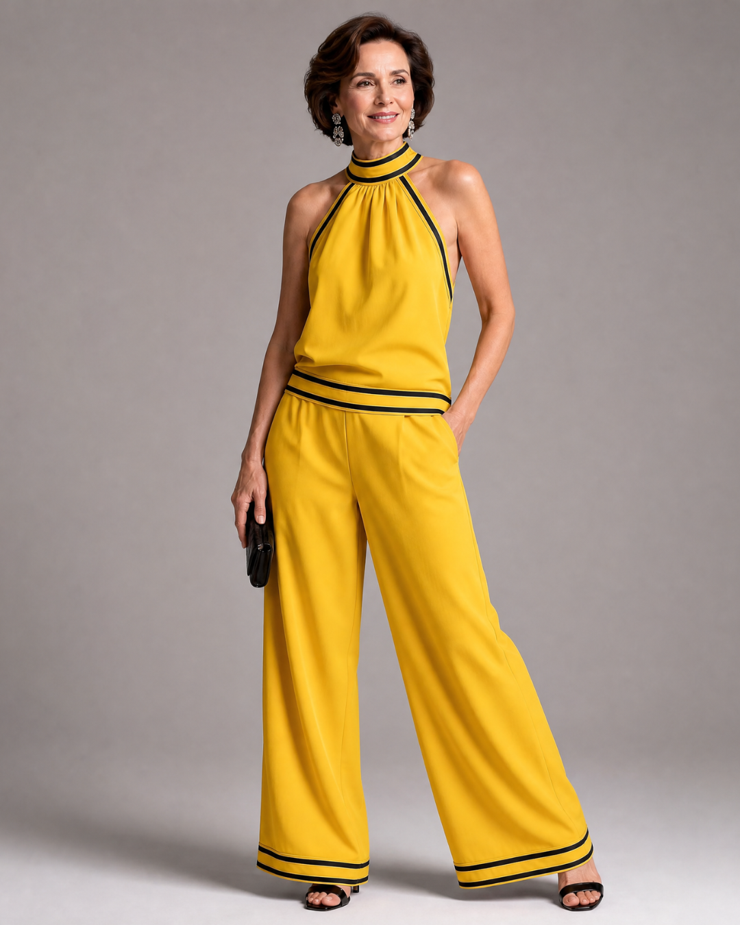 Zephyrine | Kontrastbesatz Halterneck Weite Bein Jumpsuit