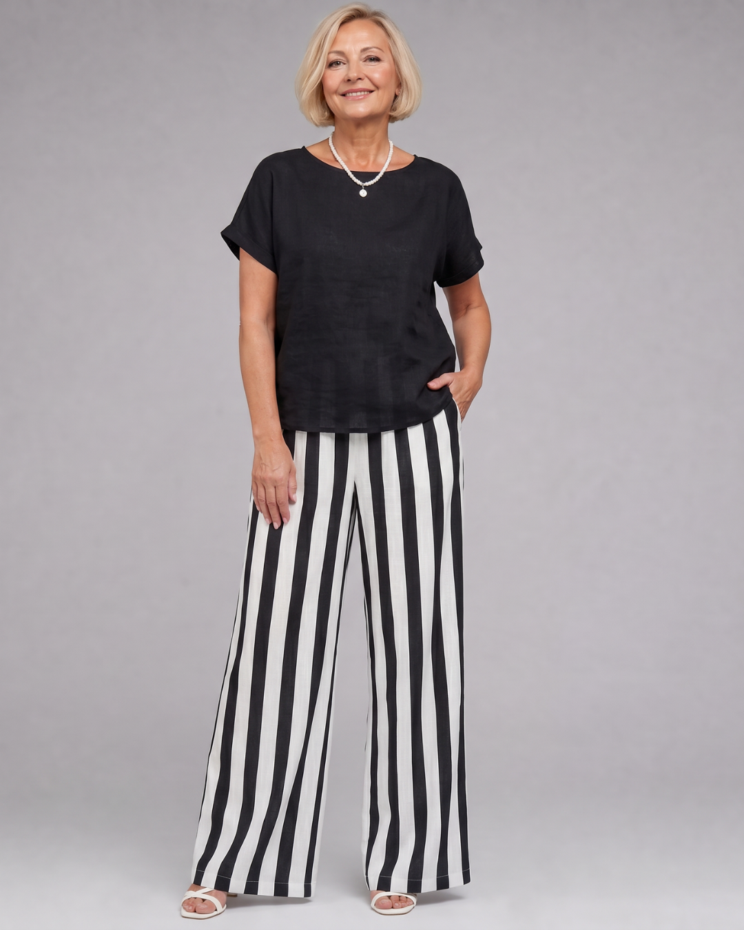 Miolna | Leinenmischung Top und gestreifte weite Hose Set