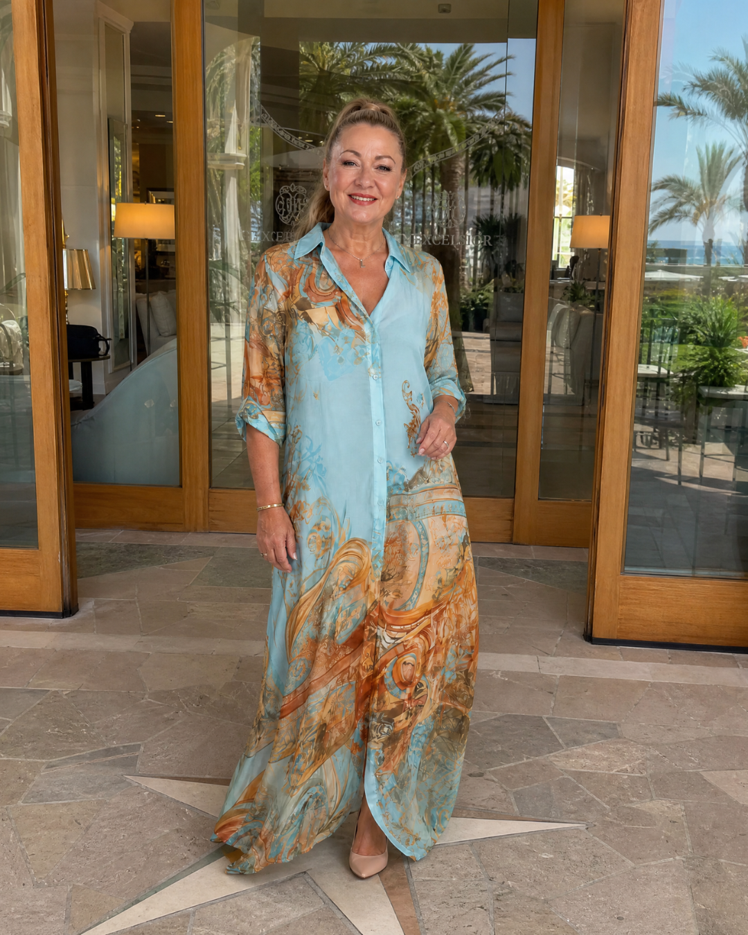 Azmira | Barockdruck Knopf-Front Fließendes Maxikleid