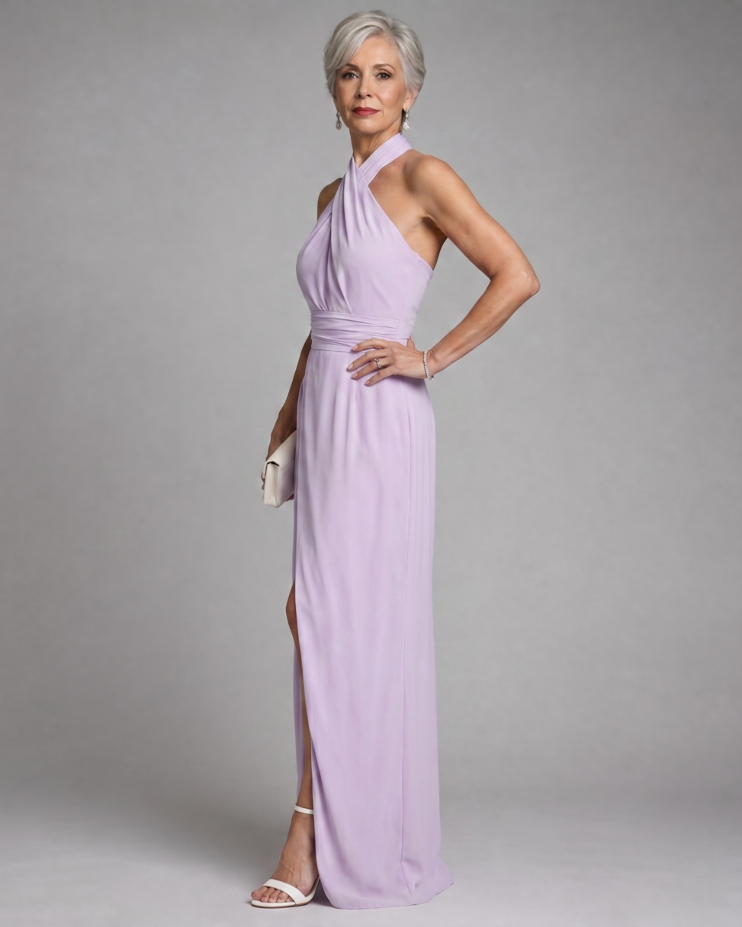 Vaelora | Kreuz-Halter Drapiertes Midi-Kleid mit Seitenschlitz