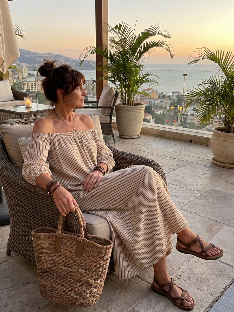 Euphemia | Gestreiftes Off-Shoulder-Maxikleid