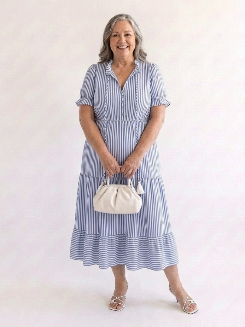 Dakota | Kurzärmliges gestreiftes, schichtetes Midikleid