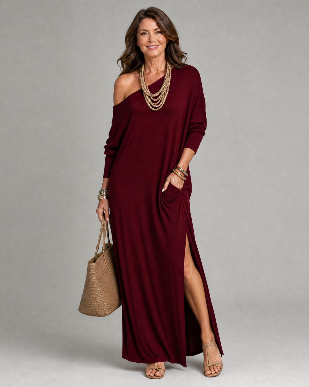 Asterelle | Einseitig Schulterfreies, Fließendes Midi-Kleid mit Schlitz