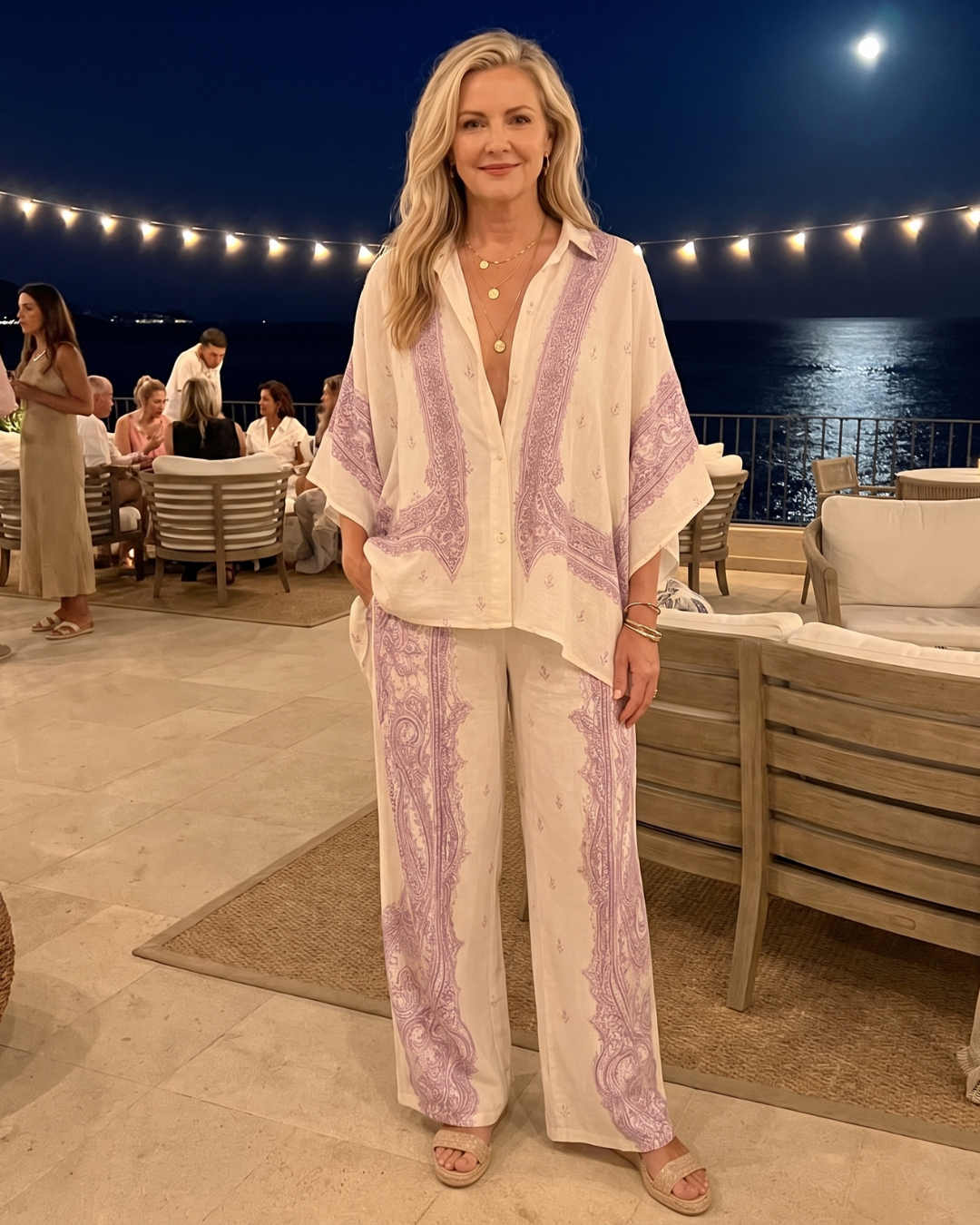 Sodaya | Weiches Print Oversized Hemd und weite Hose Set